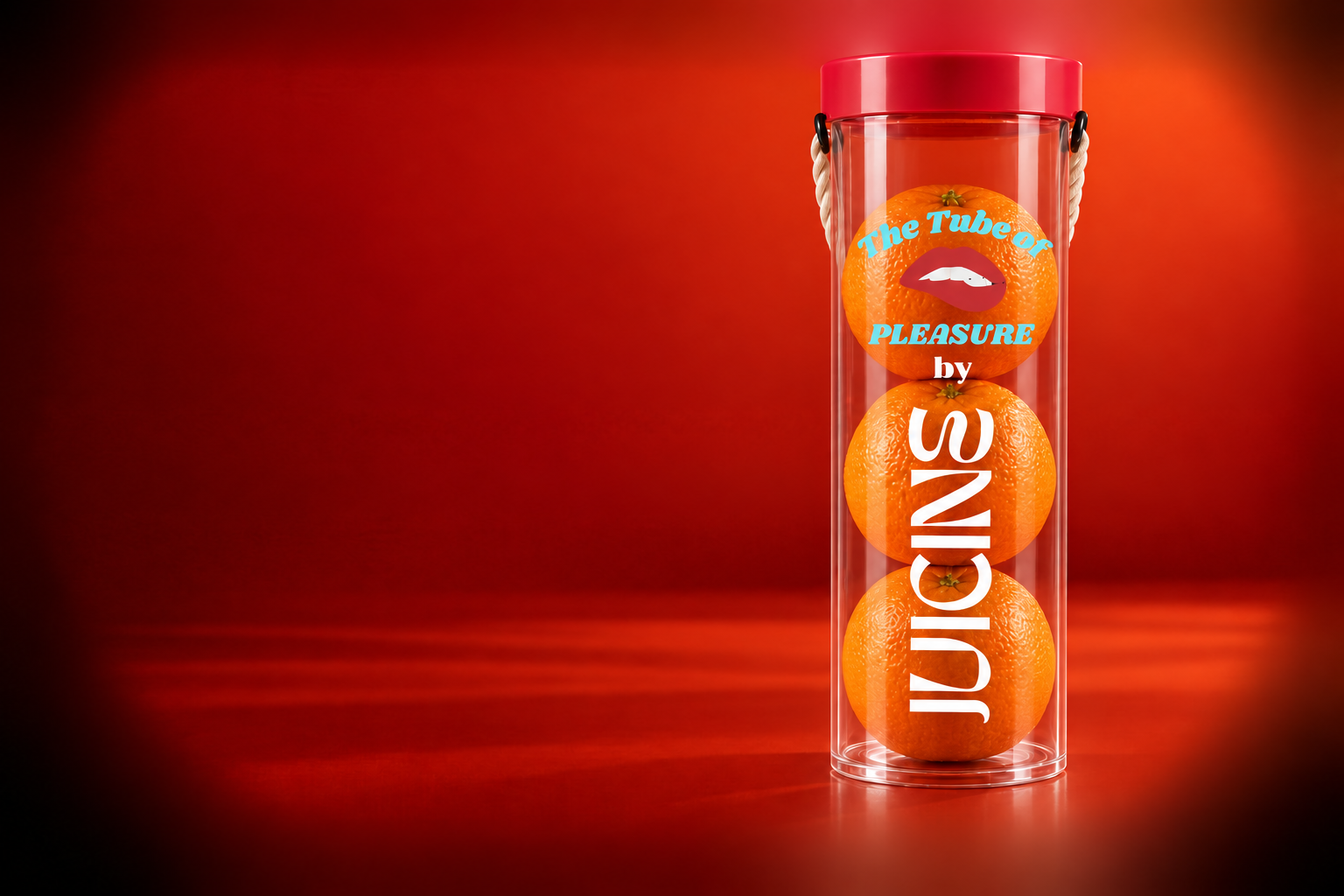 Tubo JUICINE seco con tres mandarinas, tapa roja y cuerda recogida por detrás
